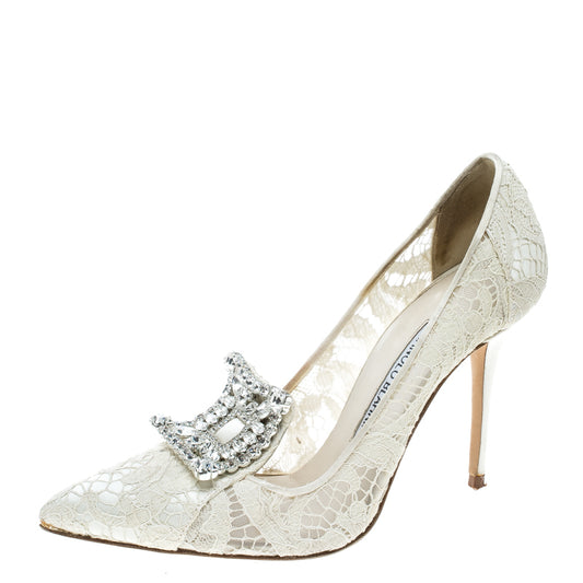 Original Manolo Blahnik Off White Lace and Satin Borlak Crystal Embellished Pumps Size 36.5