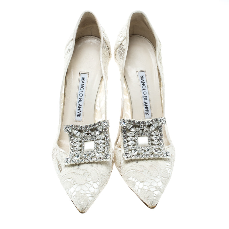 Original Manolo Blahnik Off White Lace and Satin Borlak Crystal Embellished Pumps Size 36.5