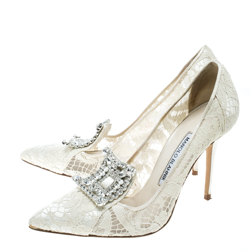 Original Manolo Blahnik Off White Lace and Satin Borlak Crystal Embellished Pumps Size 36.5