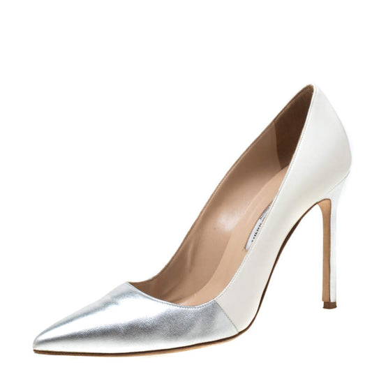 Original Manolo Blahnik Metallic Silver And White Leather BB Pointed Toe Pumps Size 39