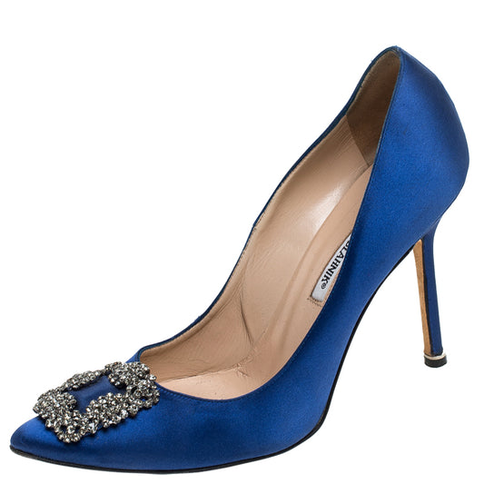 Original Manolo Blahnik Blue Satin Jewel Buckle Hangisi Pumps Size 40