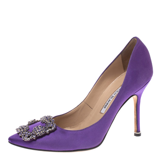 Original Manolo Blahnik Purple Satin Hangisi Crystal Embellished Pumps Size 36.5