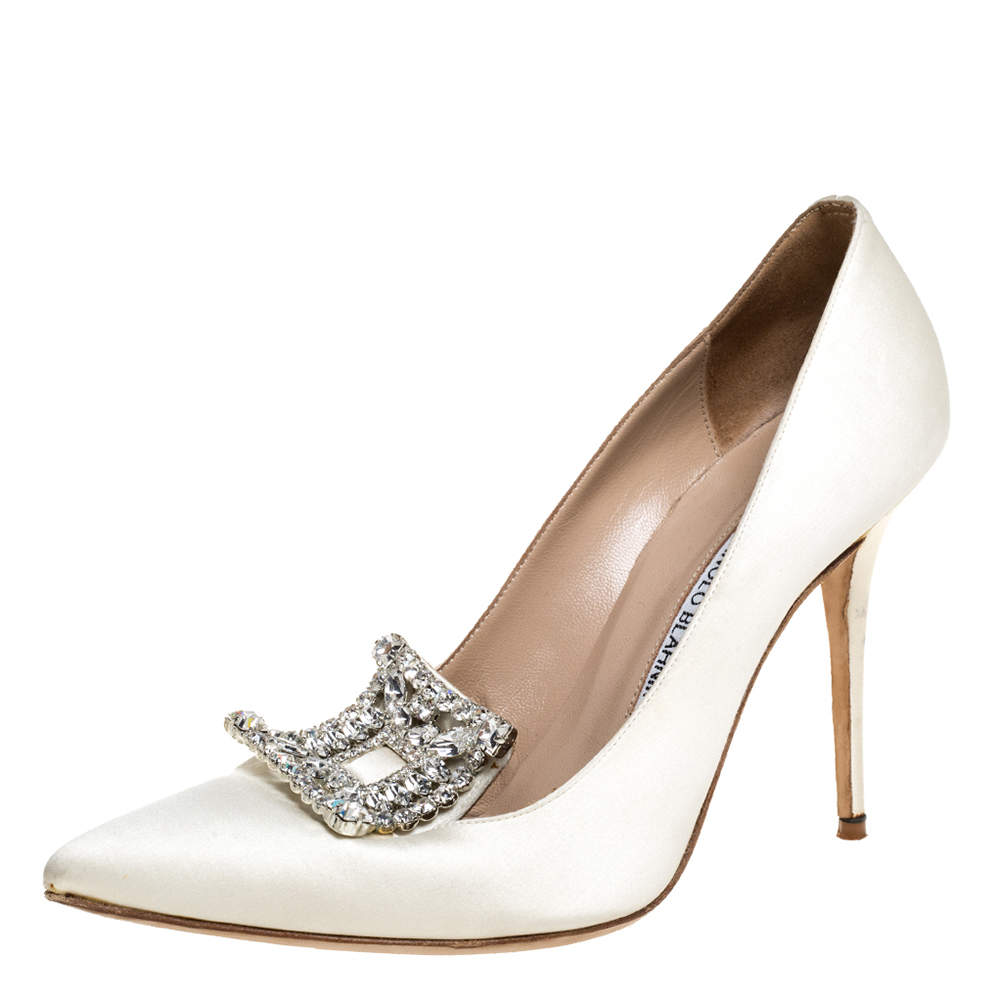 Original Manolo Blahnik White Satin Crystal Embellished Borlak Pumps Size 40