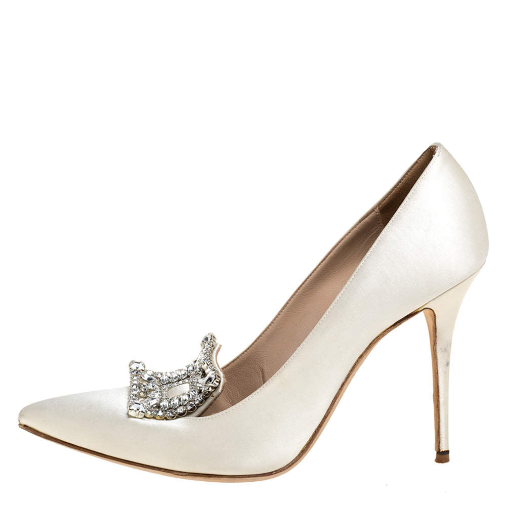 Original Manolo Blahnik White Satin Crystal Embellished Borlak Pumps Size 40