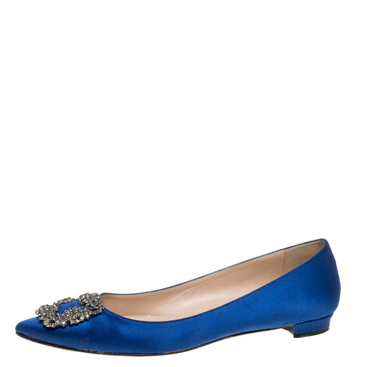 Original Manolo Blahnik Blue Satin Hangisi Ballet Flats Size 40.5