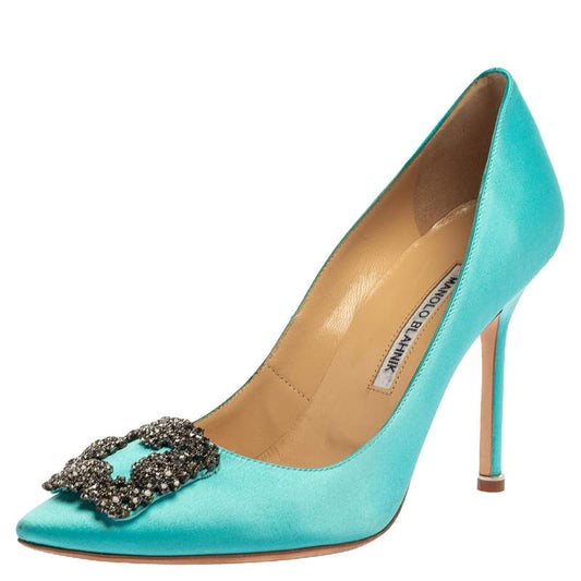 Original Manolo Blahnik Blue Satin Hangisi Pumps Size 39