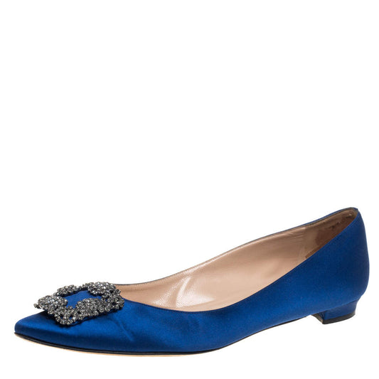 Original Manolo Blahnik Blue Satin Hangisi Embellished Ballet Flats Size 40.5