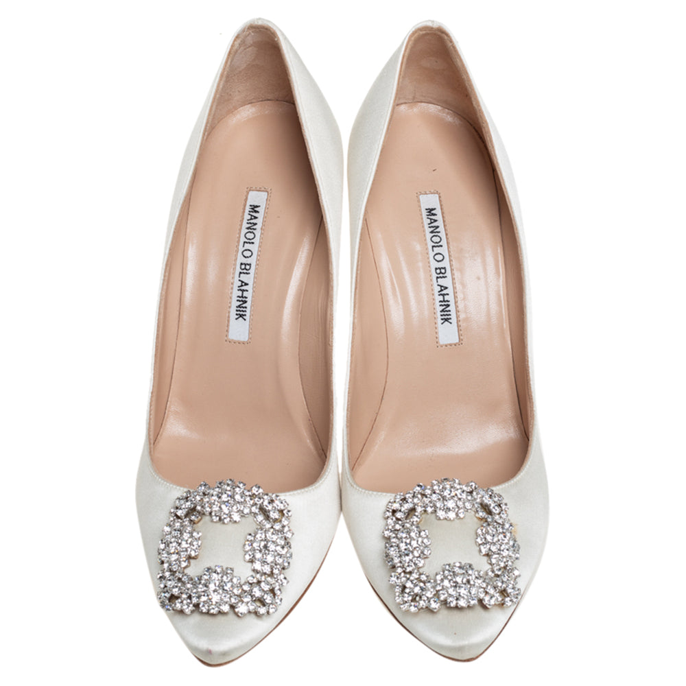 Original Manolo Blahnik White Satin Hangisi Crystal Embellished Pumps Size 38