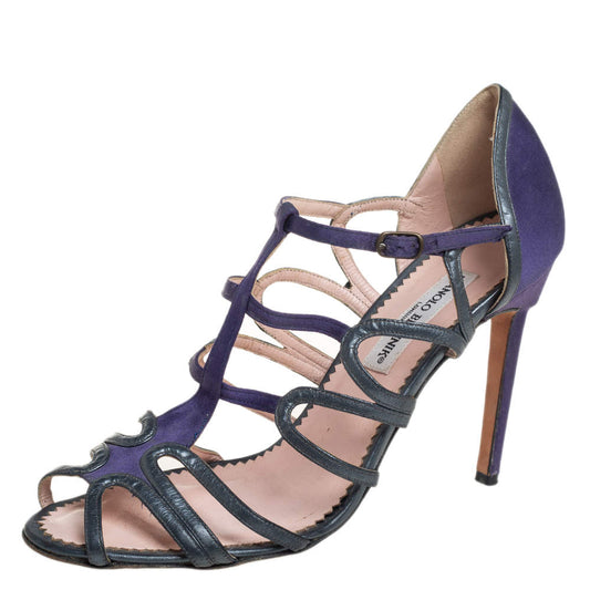 Original Manolo Blahnik Purple/Grey  Leather And Satin Cage Sandals Size 40