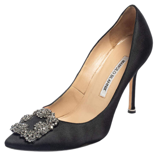 Original Manolo Blahnik Black Satin Hangisi Embellished Pointed Toe Pumps Size 37.5