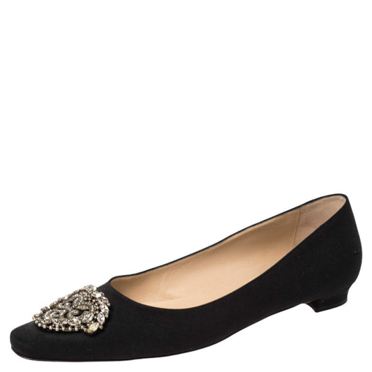 Original Manolo Blahnik Black Satin Okkato Crystal Embellished Ballet Flats Size 40.5