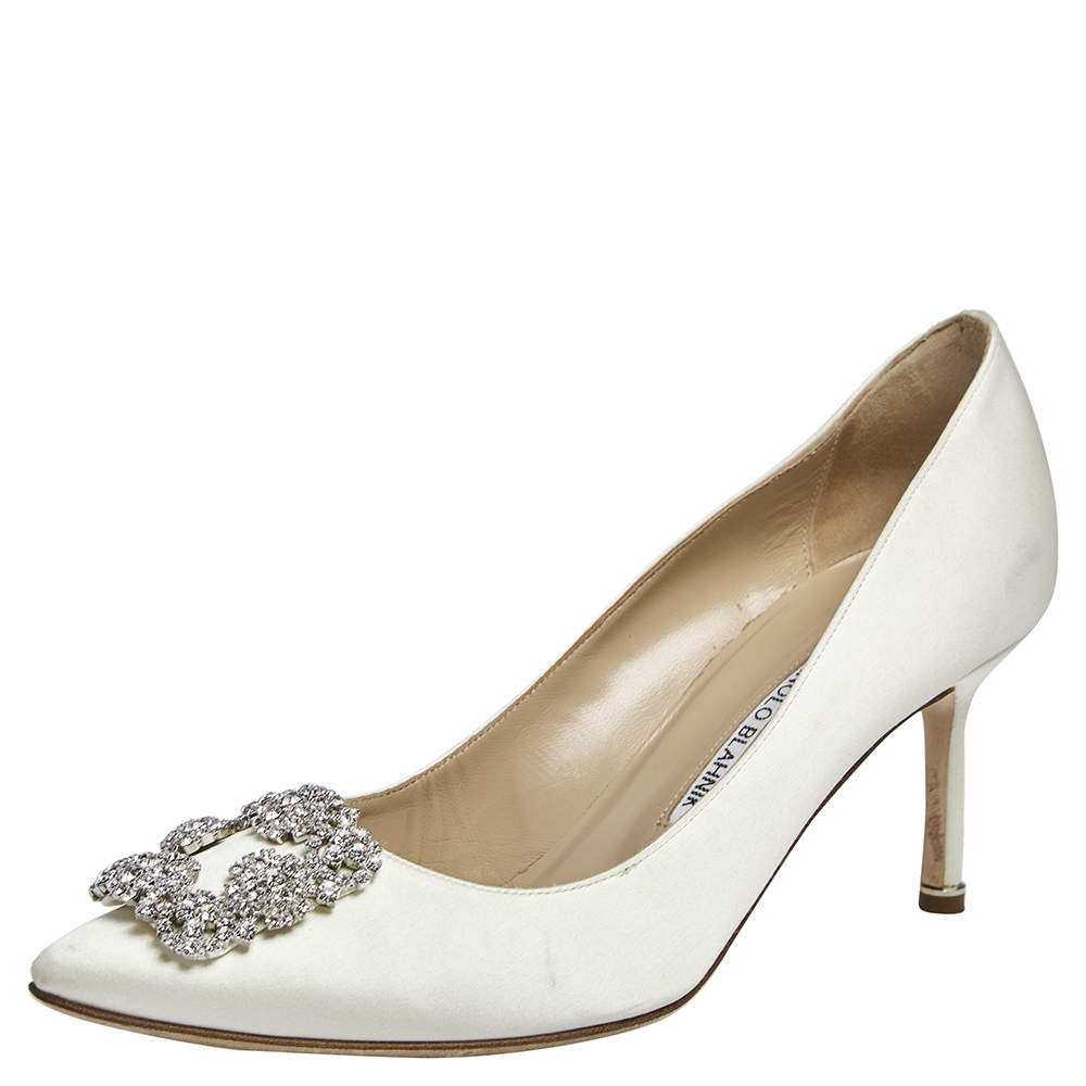 Original Manolo Blahnik White Satin Hangisi Pumps Size 39.5