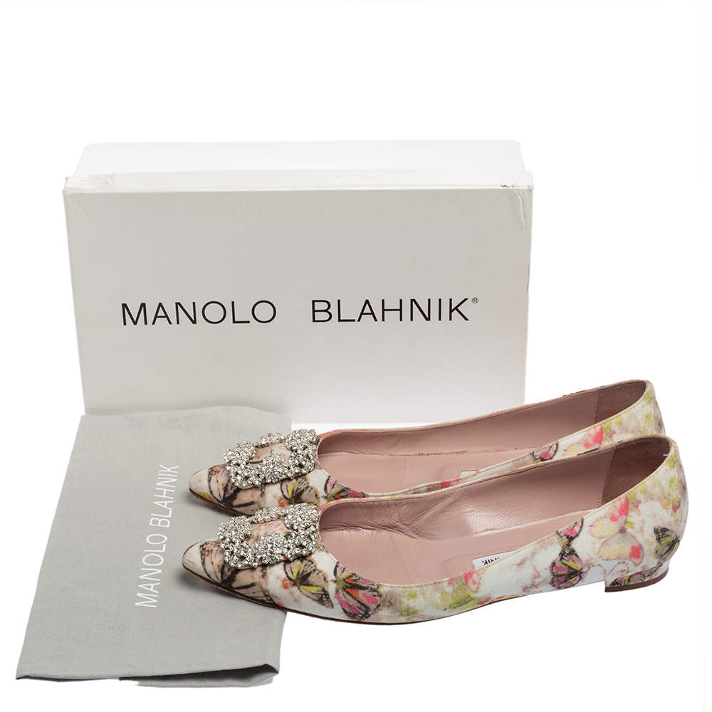 Original Manolo Blahnik White Butterfly Print Satin Hangisi Ballet Flats Size 39.5