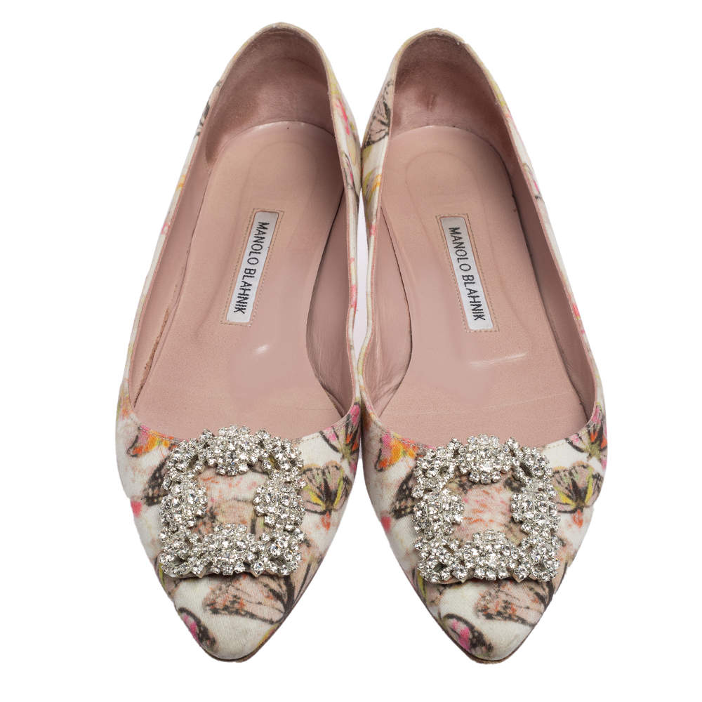 Original Manolo Blahnik White Butterfly Print Satin Hangisi Ballet Flats Size 39.5