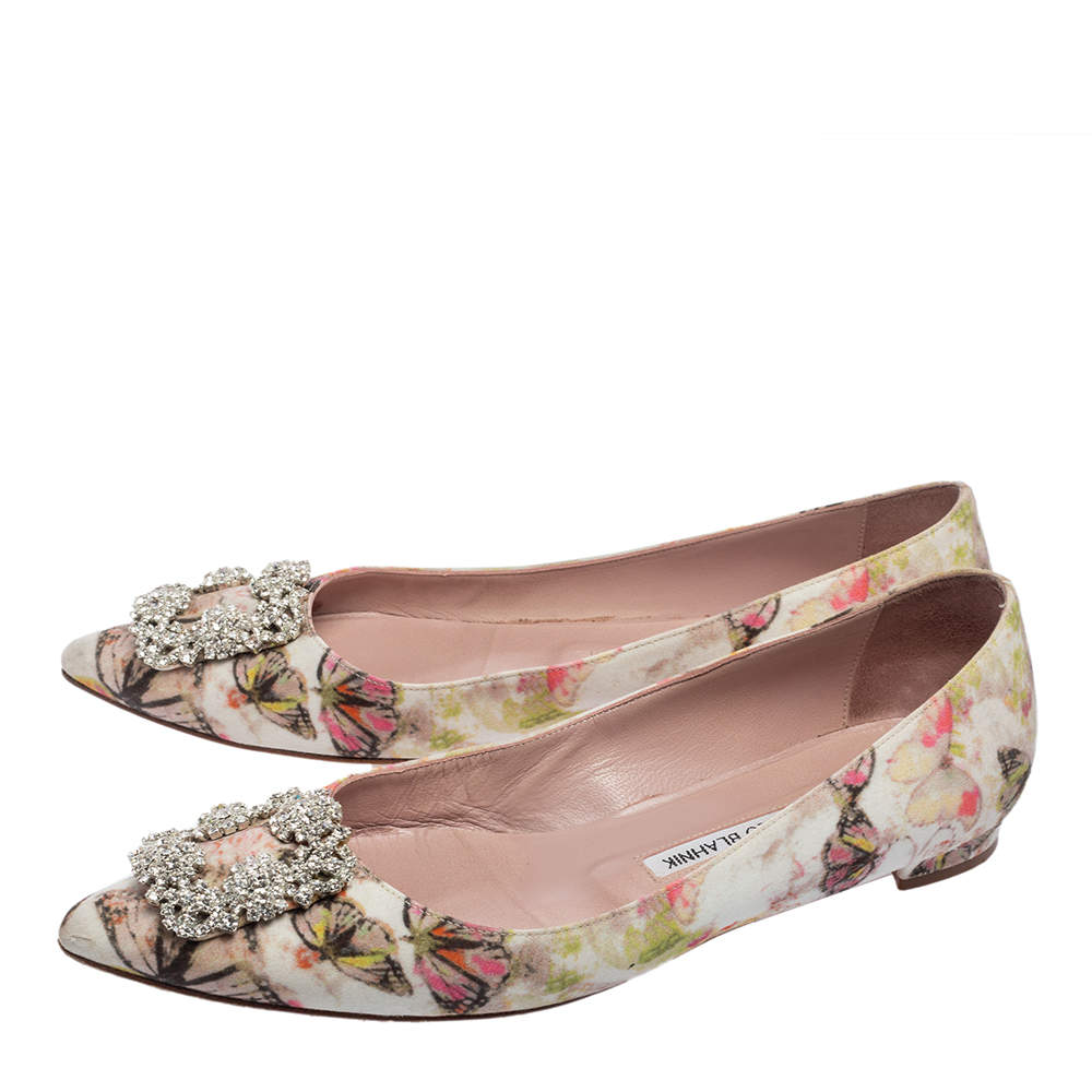 Original Manolo Blahnik White Butterfly Print Satin Hangisi Ballet Flats Size 39.5