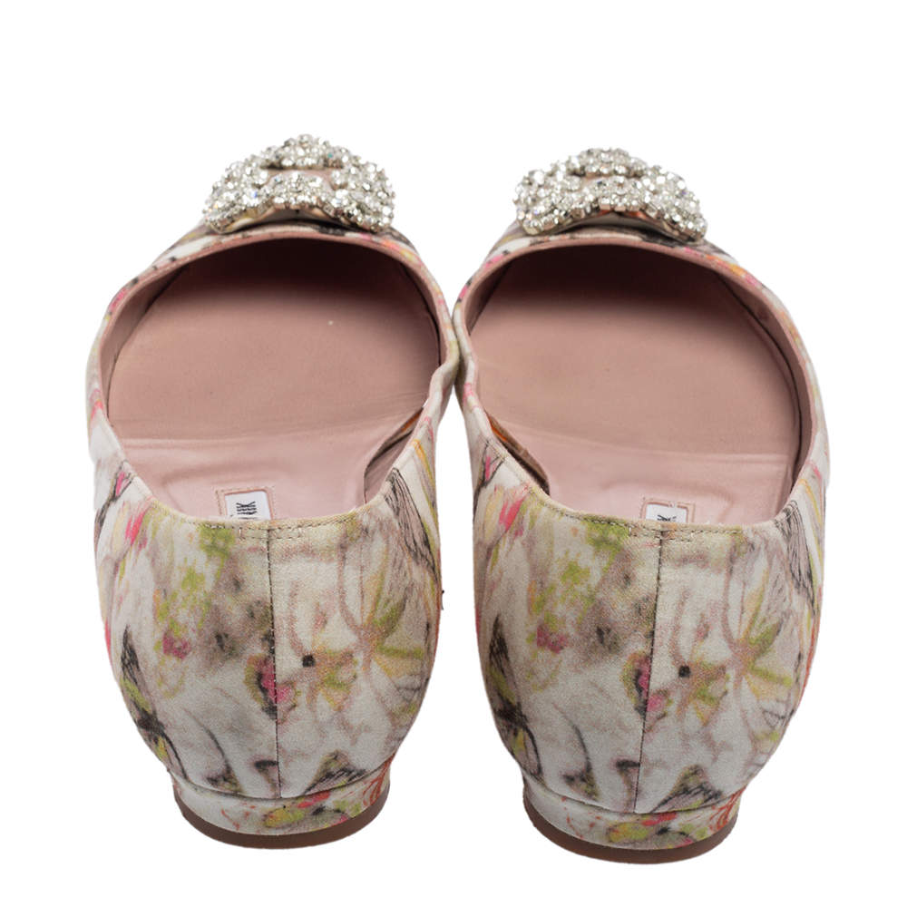 Original Manolo Blahnik White Butterfly Print Satin Hangisi Ballet Flats Size 39.5