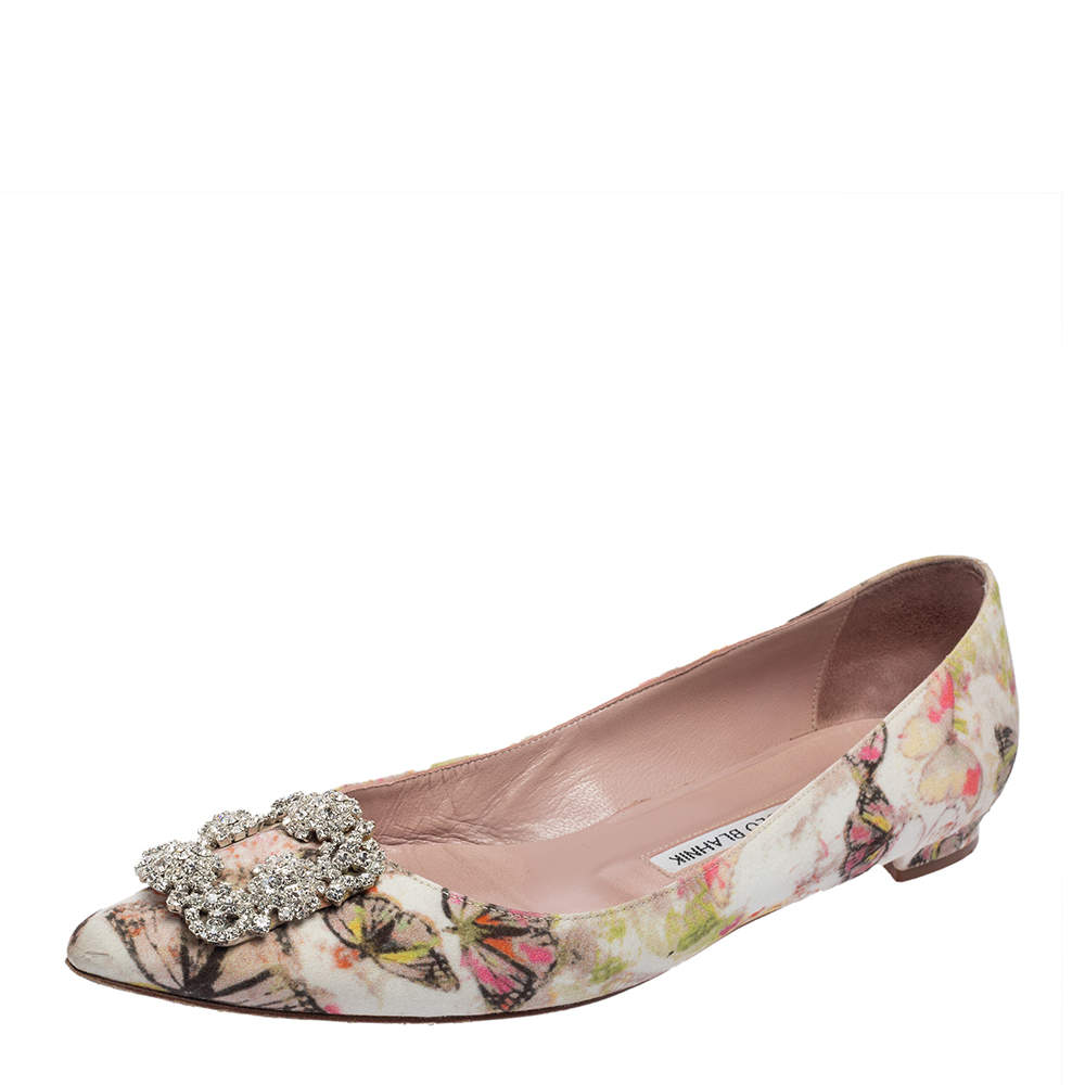 Original Manolo Blahnik White Butterfly Print Satin Hangisi Ballet Flats Size 39.5