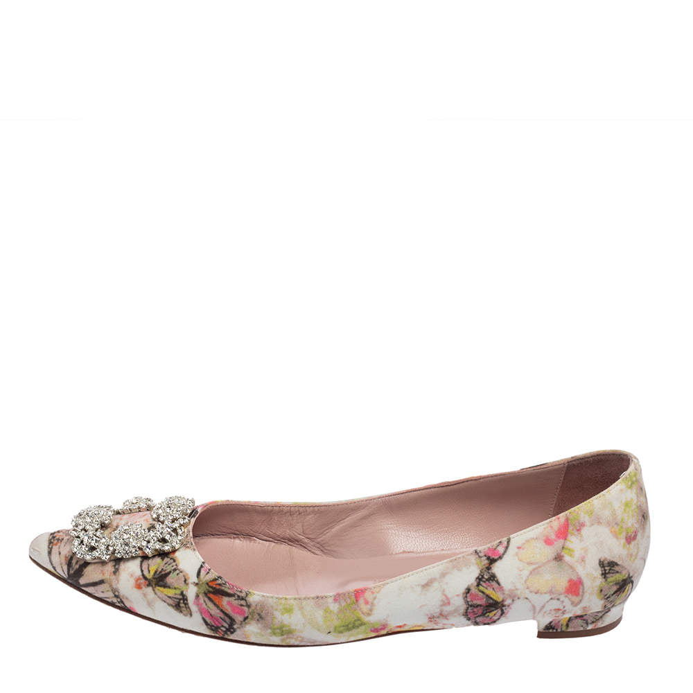 Original Manolo Blahnik White Butterfly Print Satin Hangisi Ballet Flats Size 39.5