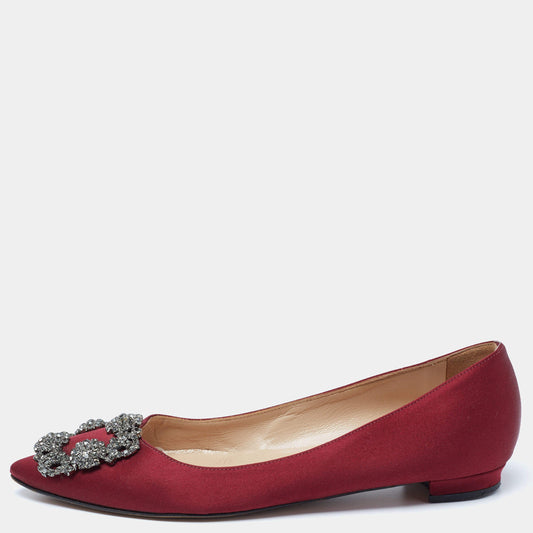 Original Manolo Blahnik Burgundy Satin Hangisi Pointed Toe Ballet Flats Size 35.5