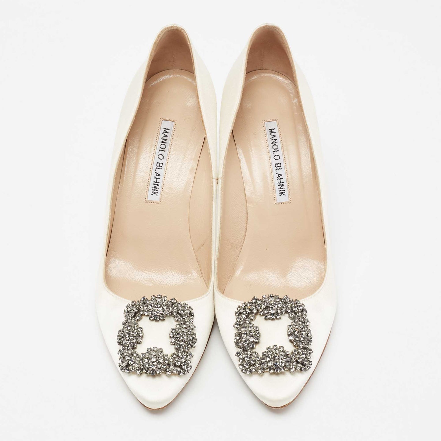 Original Manolo Blahnik Off White Satin Hangisi Pumps Size 38.5