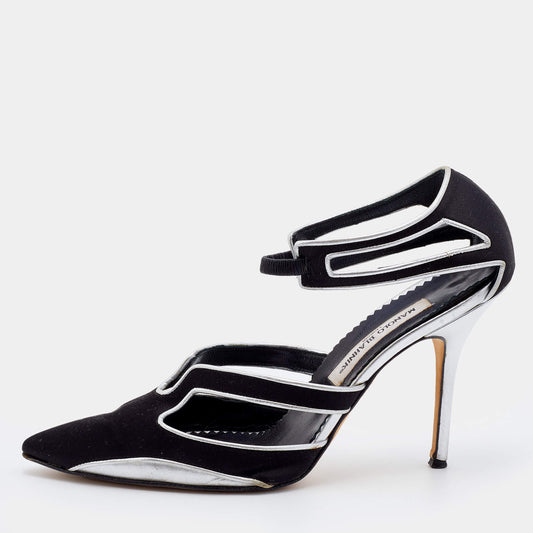 Original Manolo Blahnik Black/Silver Satin And Leather Cut Out Pumps Size 40.5