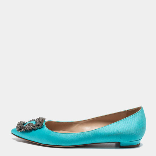 Original Manolo Blahnik Light Blue Satin Hangisi Crystals Ballet Flats Size 35.5