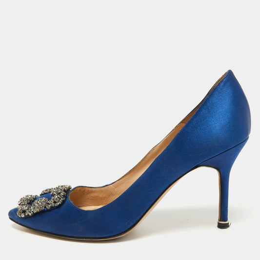 Original Manolo Blahnik Blue Satin Hangisi Pumps Size 37.5