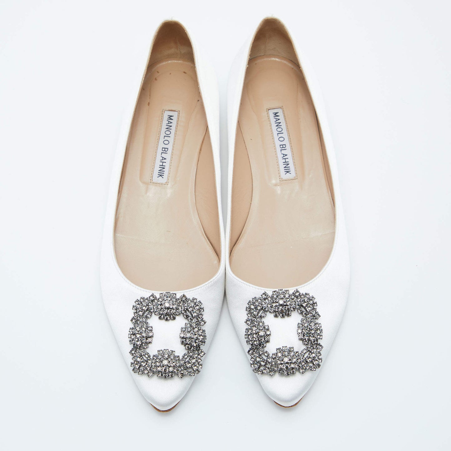 Original Manolo Blahnik Off White Satin Hangisi Crystal Embellished Ballet Flats Size 38