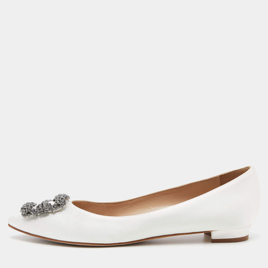 Original Manolo Blahnik Off White Satin Hangisi Crystal Embellished Ballet Flats Size 38