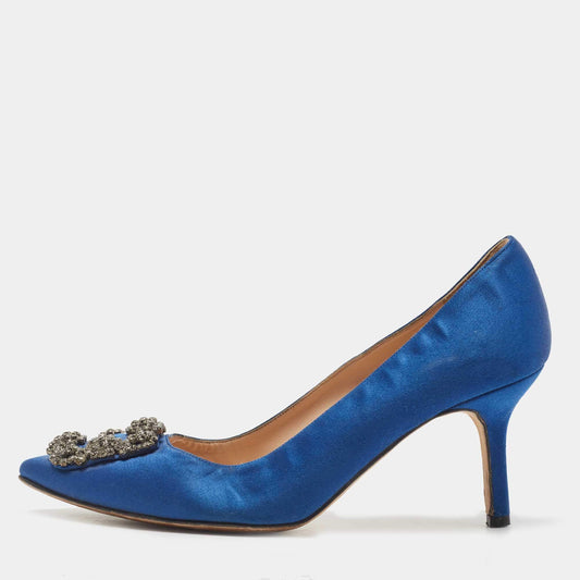 Original Manolo Blahnik Blue Satin Hangisi Crystal Embellished Pumps Size 38.5