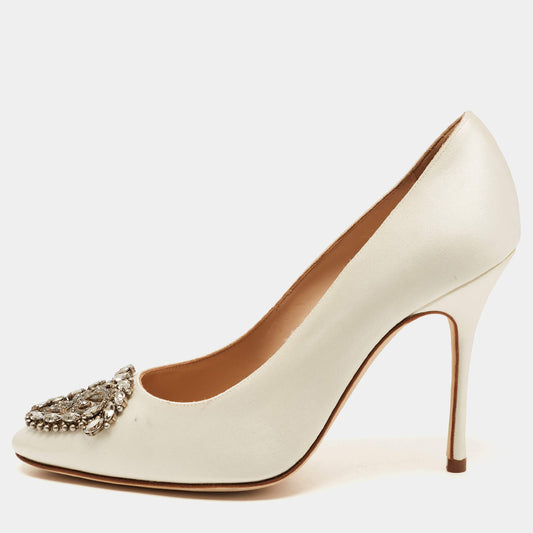 Original Manolo Blahnik White Satin Okkava Pumps Size 36.5