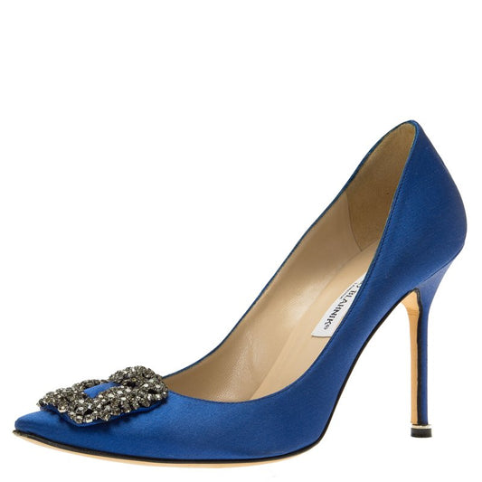 Original Manolo Blahnik Blue Embellished Satin Hangisi Pumps Size 39.5