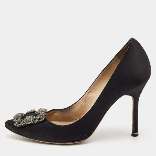 Original Manolo Blahnik Black Satin Hangisi Pumps Size 38