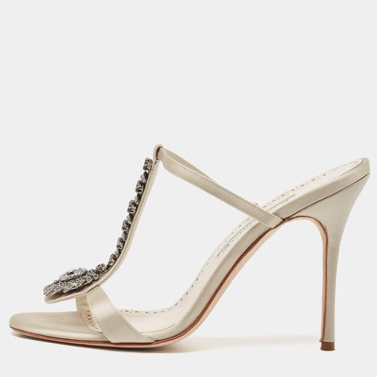 Original Manolo Blahnik Cream/Off-White Satin and Leather Eridania Sandals Size 39