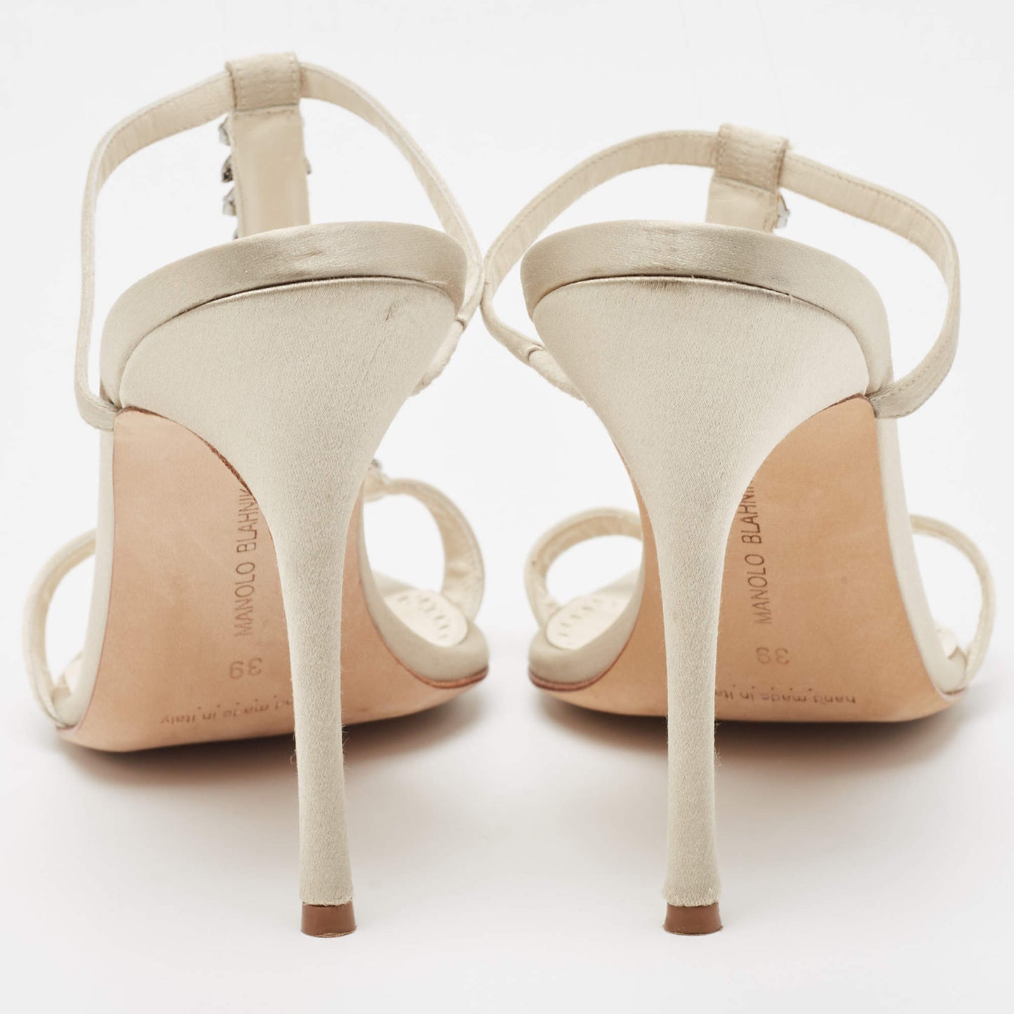 Original Manolo Blahnik Cream/Off-White Satin and Leather Eridania Sandals Size 39