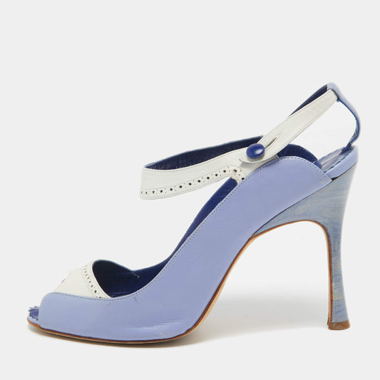 Original Manolo Blahnik Blue/White Leather Peep Toe Slingback Pumps Size 40