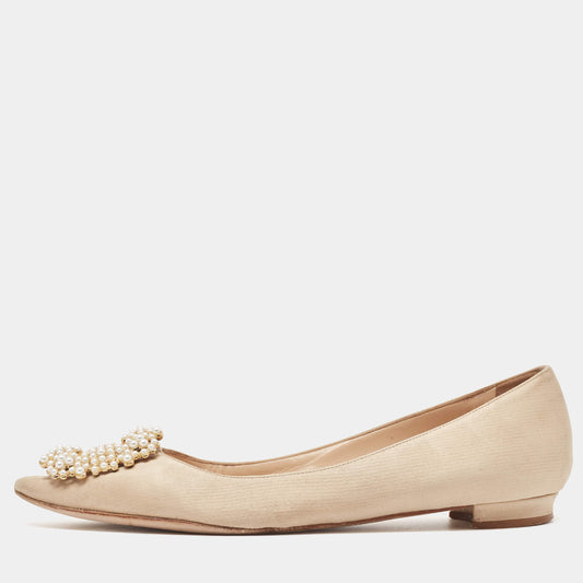 Original Manolo Blahnik Beige Satin Hangisi Ballet Flats Size 36