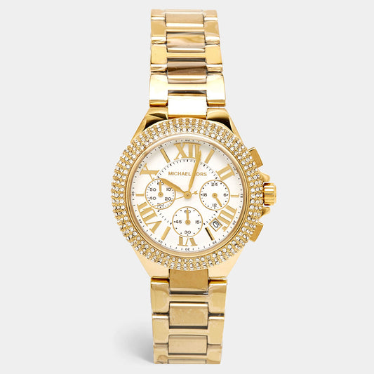 Original Michael Kors White Yellow Gold PVD Coated Stainless Steel Oversized Camille Pave MK6994 Women's Wristwatch 43 mm (Never Used)