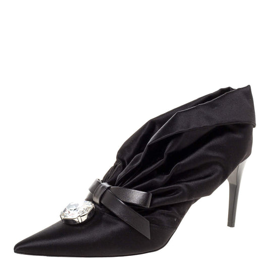 Original Miu Miu Black Ruched Satin Crystal Bow Embellished Pointed Toe Pumps Size 41 (Never Used)