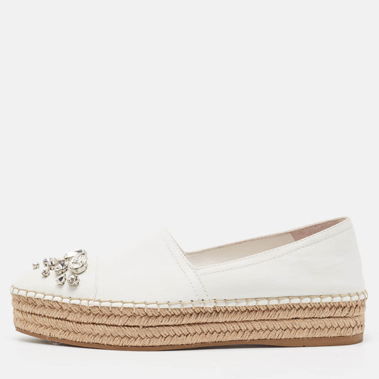 Original Miu Miu White Leather Crystal Embellished Espadrille Loafers Size 39