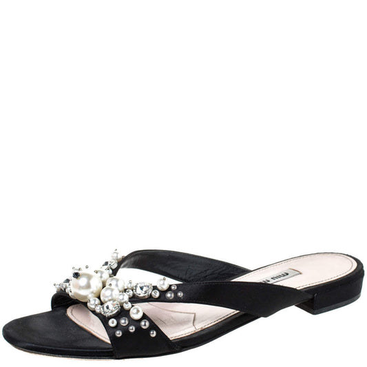 Original Miu Miu Black Satin Pearl Embellished Strappy Flats Size 39