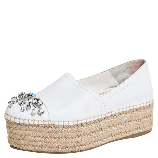 Original Miu Miu Off White Leather Crystal Embellished Espadrilles Size 36