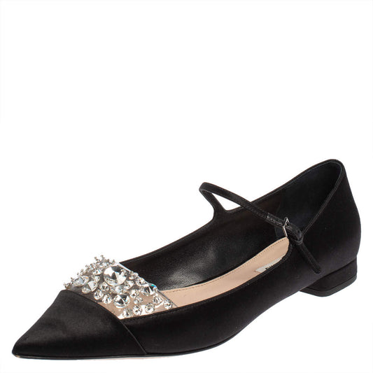 Original Miu Miu Black Satin Crystal Embellished Ankle Strap Pointed Toe Ballet Flats Size 40