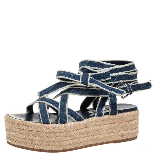 Original Miu Miu Blue/White Denim Wrap Around Flat Sandals Size 34.5