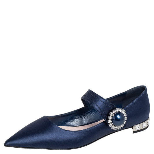 Original Miu Miu Navy Blue Satin Mary Jane Embellished Pointed Toe Ballet Flats Size 40