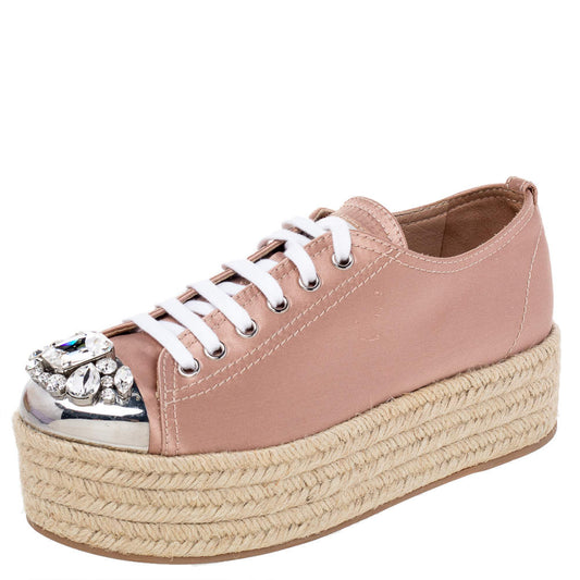 Original Miu Miu Pink Satin Crystal Embellished Metal Cap Toe Espadrille Platform Sneakers Size 37