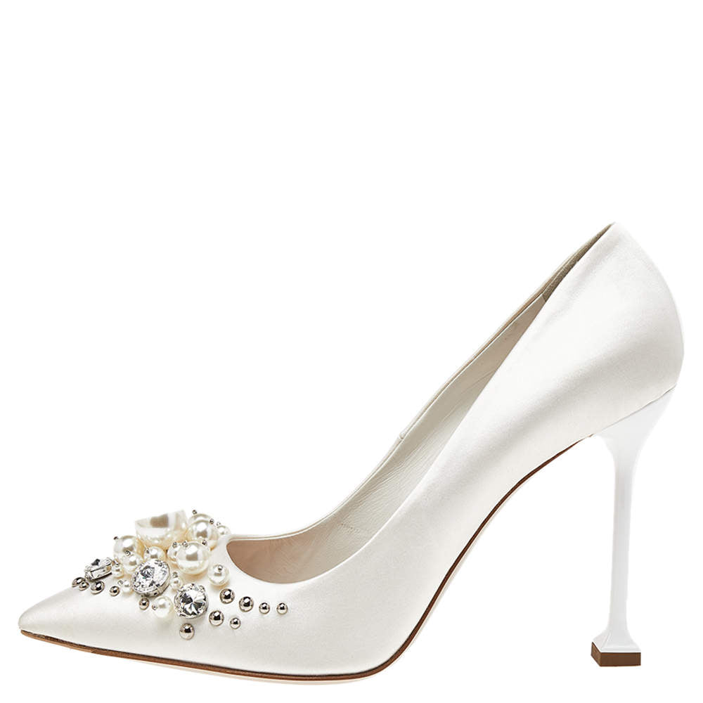 Original Miu Miu White Satin Embellished Pointed Toe Pumps Size 38