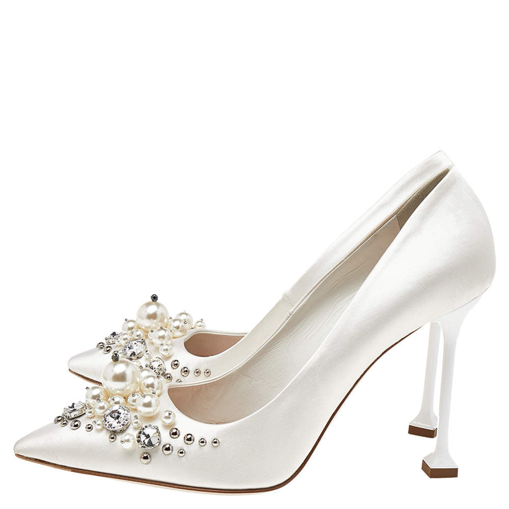 Original Miu Miu White Satin Embellished Pointed Toe Pumps Size 38