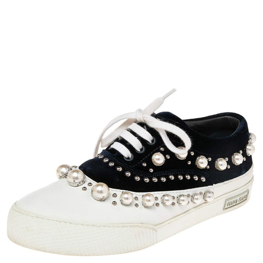 Original Miu Miu Blue/White Velvet Faux Pearl-Embellished And Rubber Trainers Sneakers Size 39