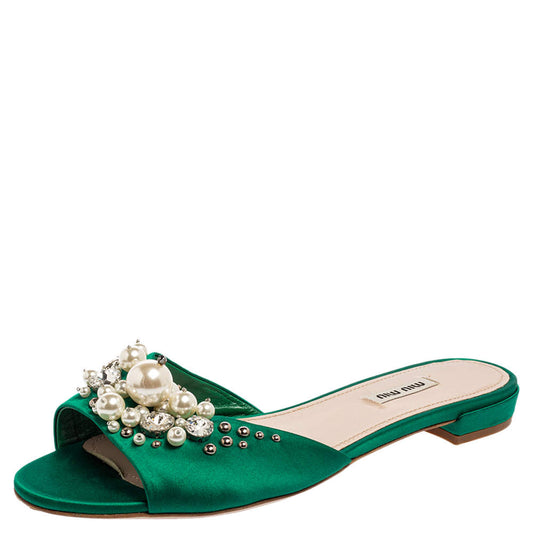 Original Miu Miu Green Satin Faux Pearl Embellished Flat Slides Size 40